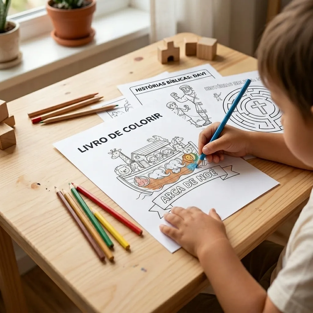 Página impressa do kit de livros cristãos para colorir sendo pintada com lápis de cor